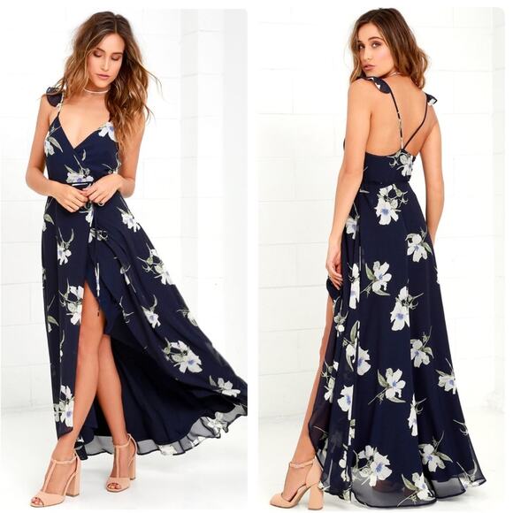 Lulus All Mine Navy Blue Floral Print Ruffle Chiffon Wrap Maxi Dress XS - Picture 1 of 14